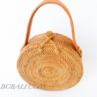 rattan hand woven ata grass lining full handmade circle short handle leather 